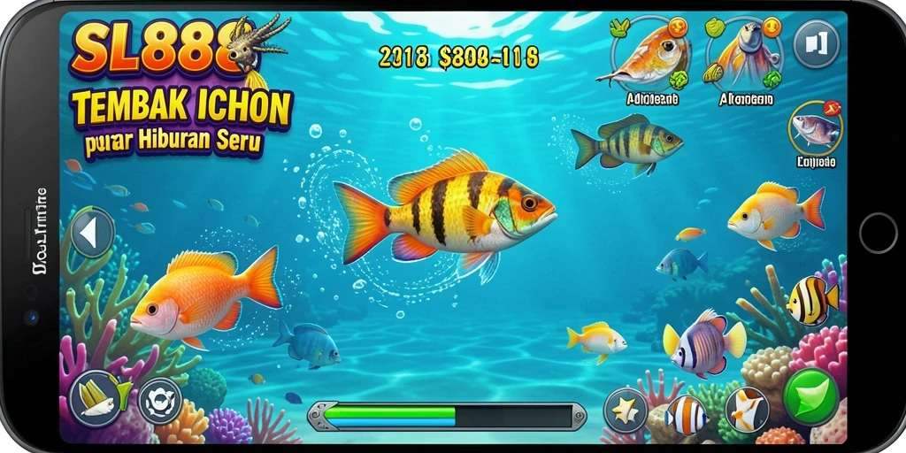Gameplay seru SL888 dengan berbagai ikan menarik untuk ditembak.