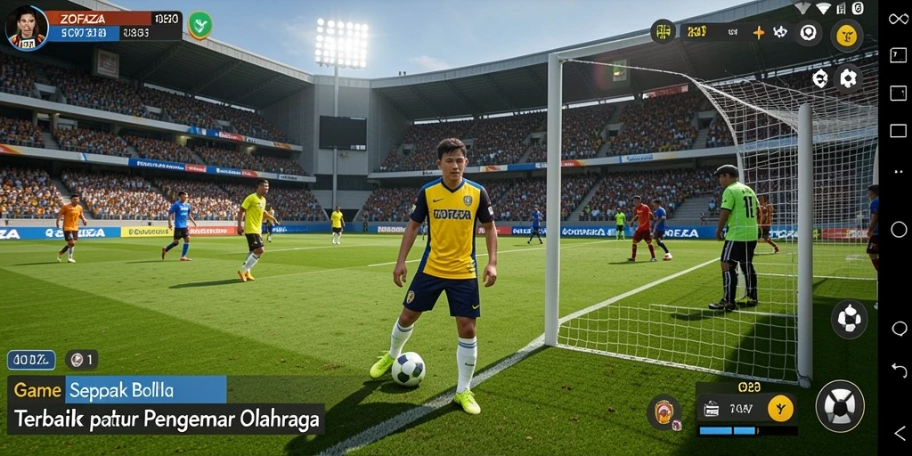 Screenshot gameplay ZOFAZA menampilkan aksi seru di lapangan sepak bola.
